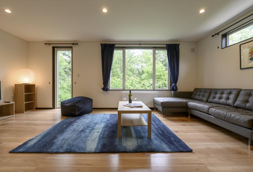 A blue rug and lounge to the right.