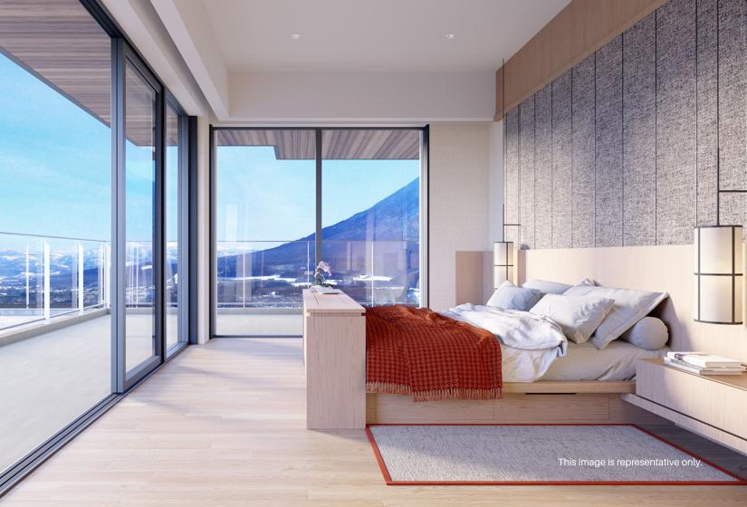 A computer generated image of a bedroom with expansive windows