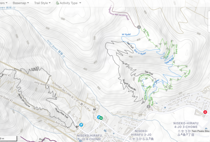 A map showing the Twin Peaks Niseko trails