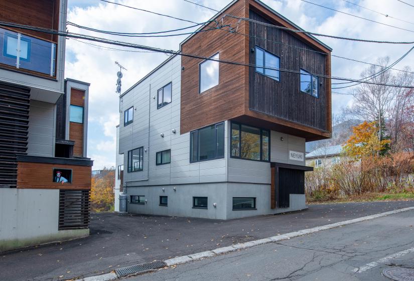 A cantilevered two story building