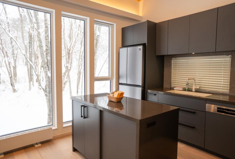 a grey and black kitchen