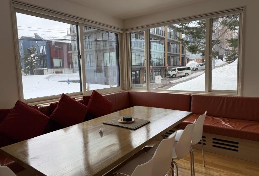 A dining table and windows behind