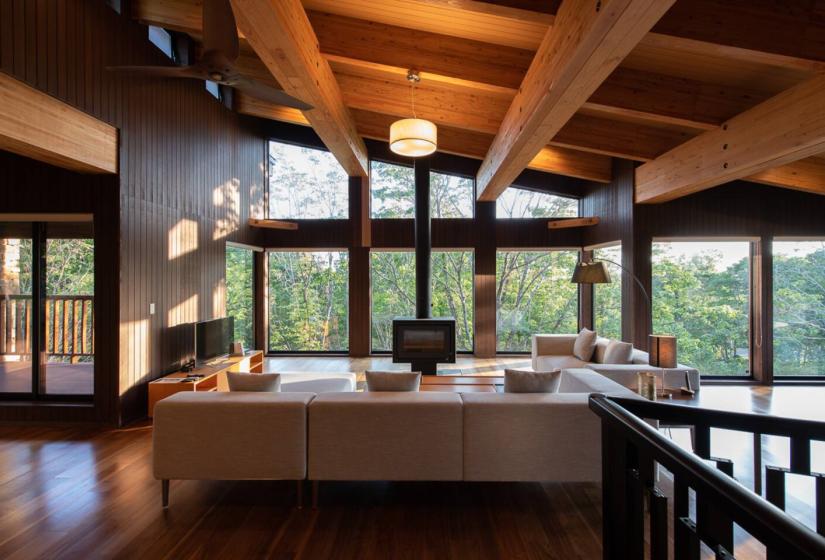 Luxury Niseko Accommodation | Spacious Open-Plan Living Area with Stunning Nature Views