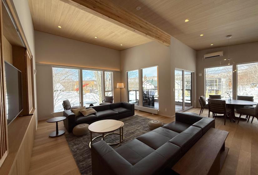 Two sofas and a dining table to the top right