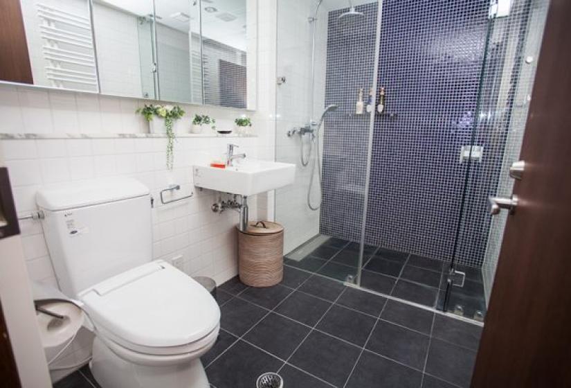 Alpen Ridge Niseko 3 bedroom apartment modern bathroom featuring glass shower enclosure white toilet basin dark tile flooring white subway tile walls and contemporary fixtures