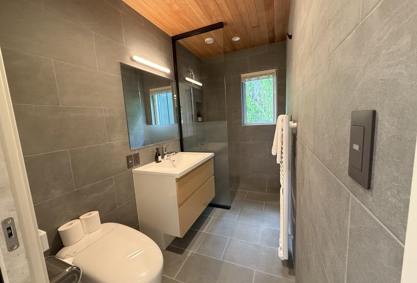 A bathroom with toilet, sink and shower