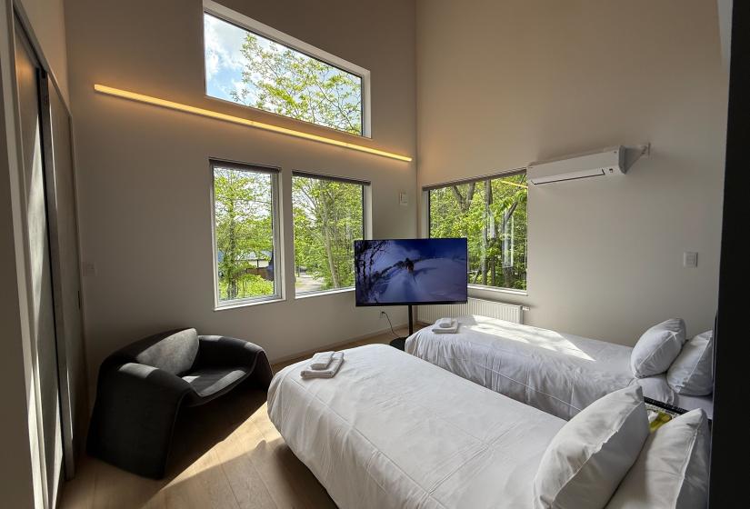 Two single beds and TV behind