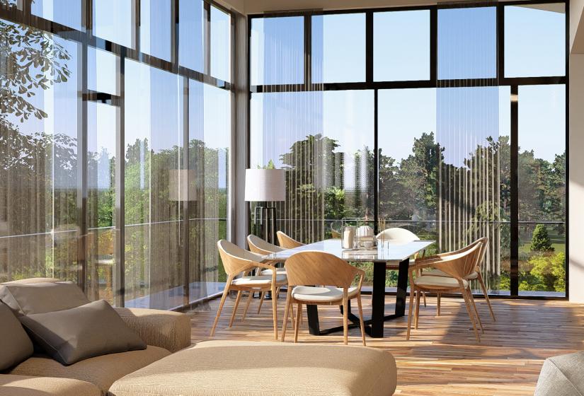 A CGI of a dining room with large windows behind
