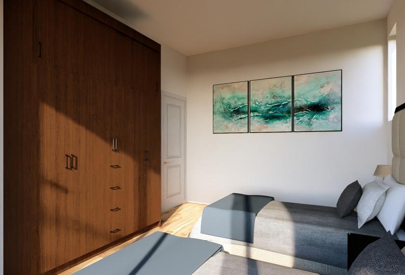 A CGI of a bedroom with 3 part painting on wall