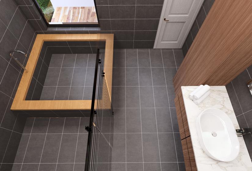 A CGI of a bathroom with bath tub and basin