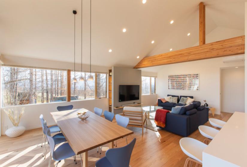 A dining area with pendant lights