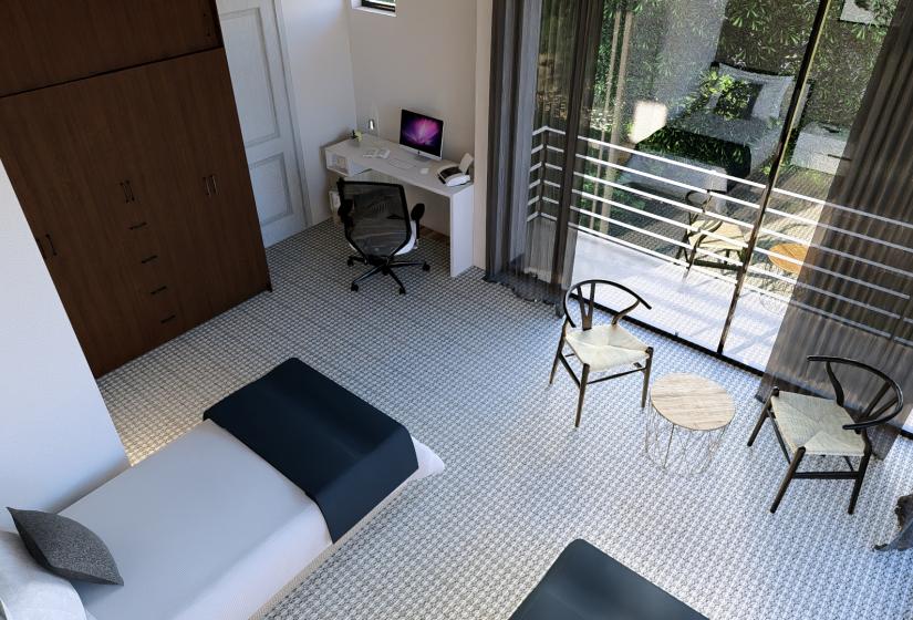Two single beds and windows in front