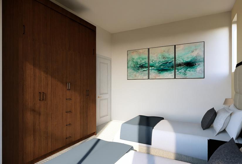 Two single beds with picture behind