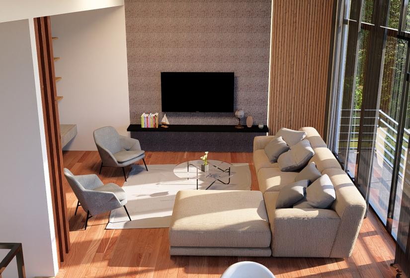 A TV and couch in front to the right