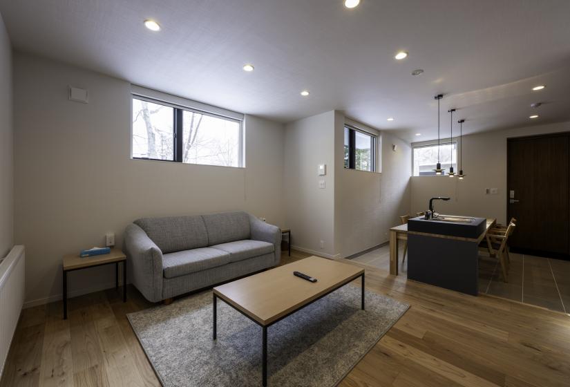 A couch and coffee table