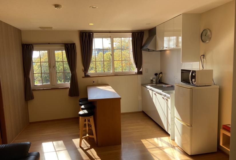 A kitchen to the right and counter center