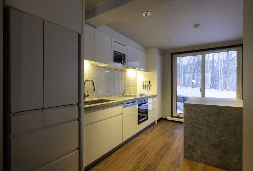 A kitchen with fridge to the left