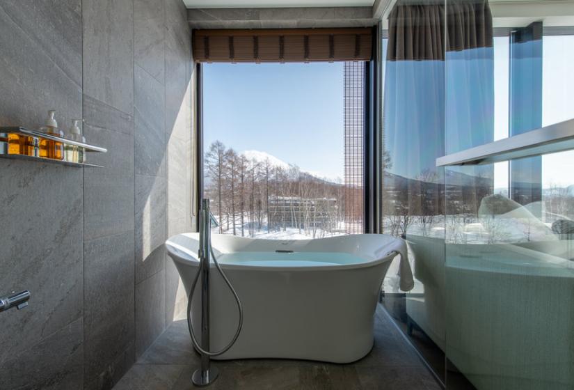 A bathtub with mountain view behind