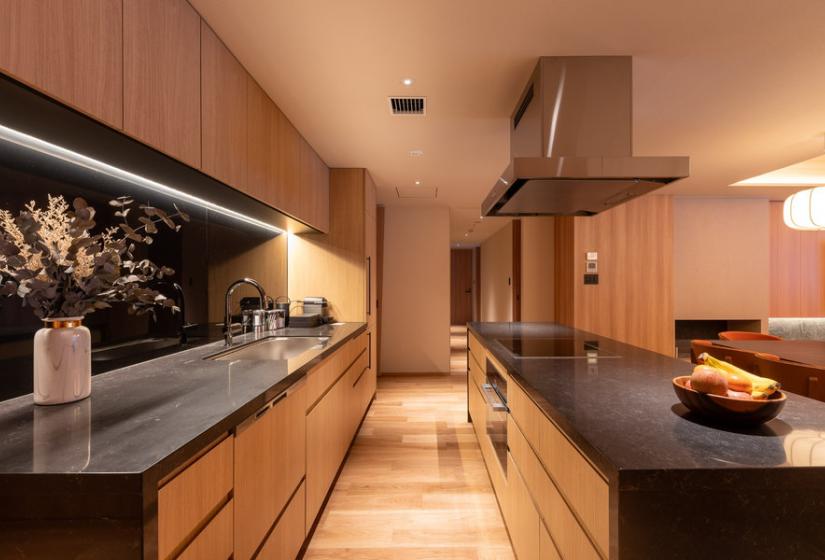 A dark coloured kitchen
