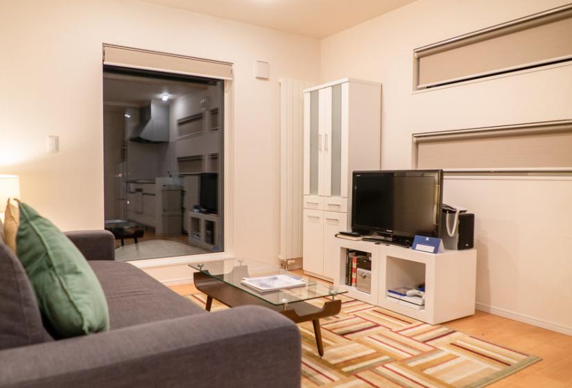 A grey couch with TV in front