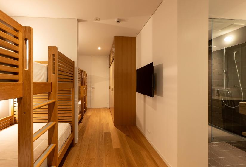 Two wooden bunks