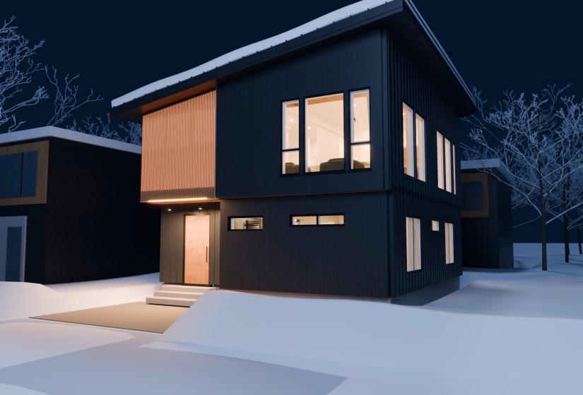 A CGI of a two story house at night  
