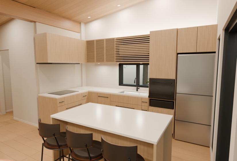 A dining table in a kitchen