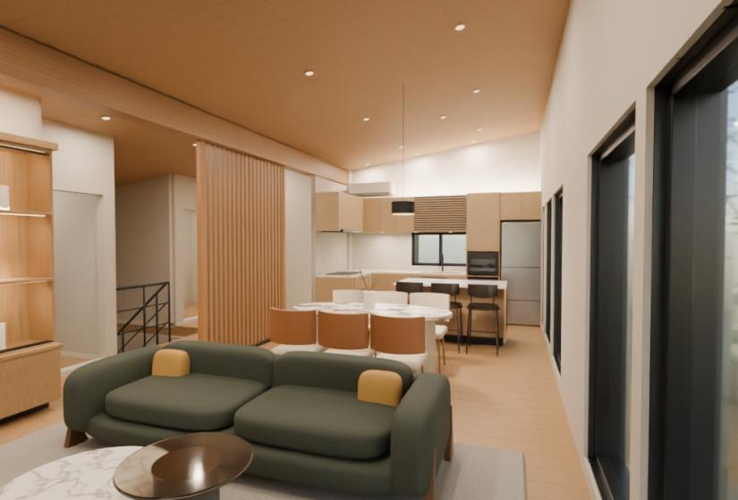 A lounge and kitchen behind